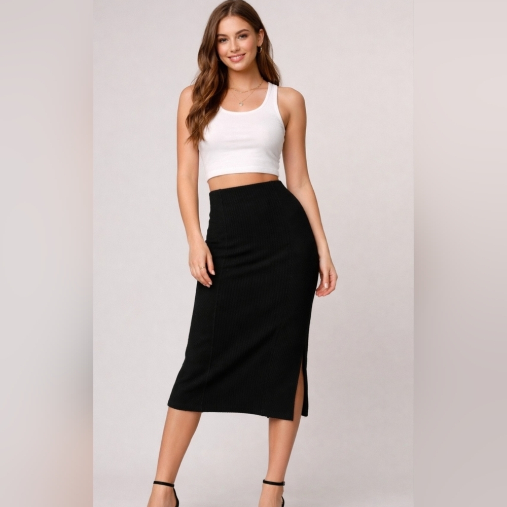 B.O.G. Band Of The Free RENEE Black Ribbed Midi Pencil Skirt  Side Slit,  Small